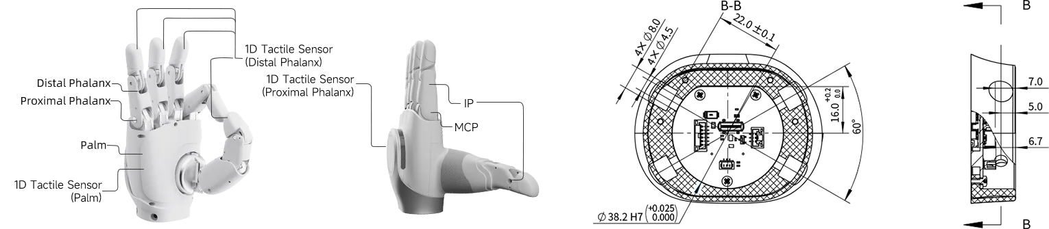 Technical diagram 1 of 1 for the AGIBOT OmniHand 2025 with Tactile (right), published by the manufacturer