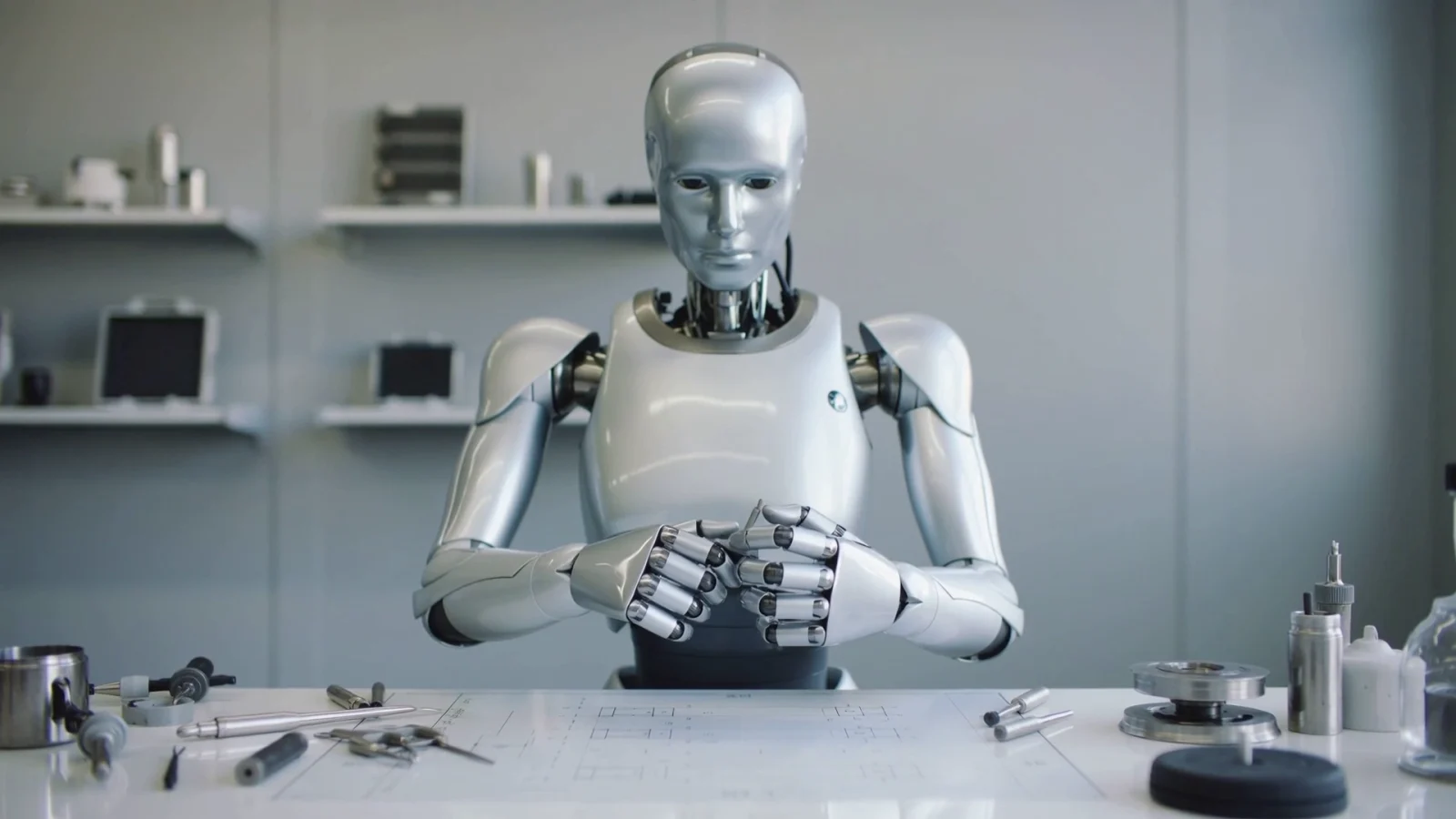 Aydınlık bir mühendislik atölyesinde tezgâh başındaki insansı robot, aletlerin ve teknik çizimin yanında küçük bir parçayla çalışıyor.