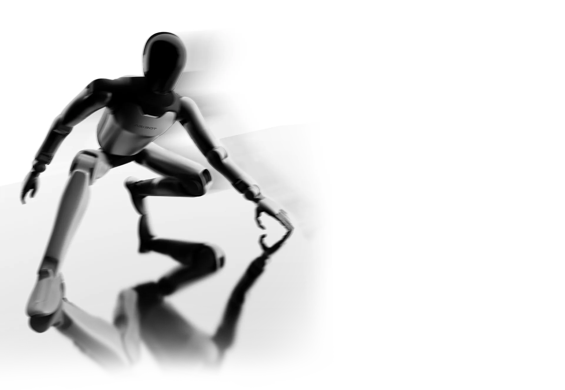 A humanoid rendered in a low crouch with motion blur, on white