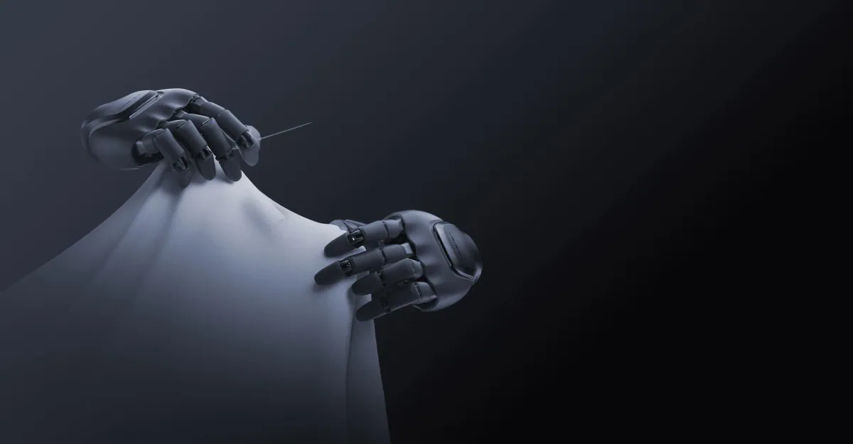 Koyu renkli bir zeminde iki becerikli robot eli var; üsttekinin elinde ince bir iğne duruyor.