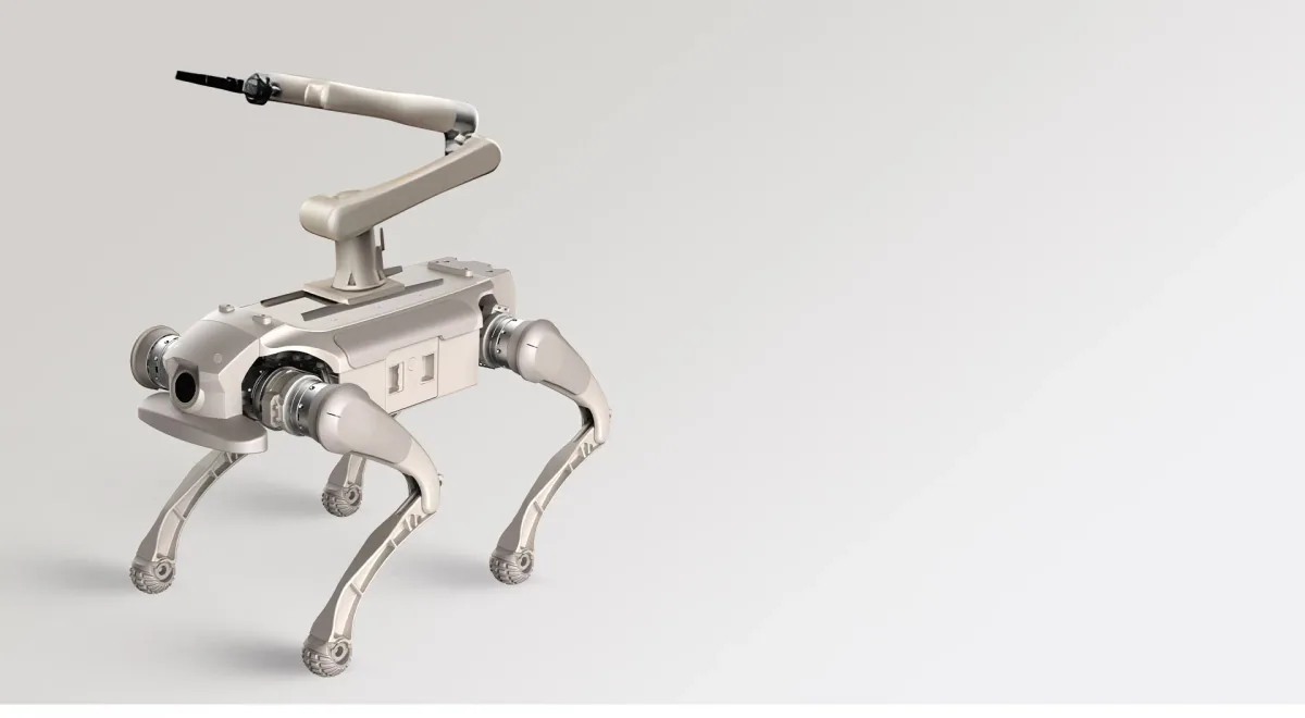 A quadruped on white with a manipulator arm on its back, three-quarter view