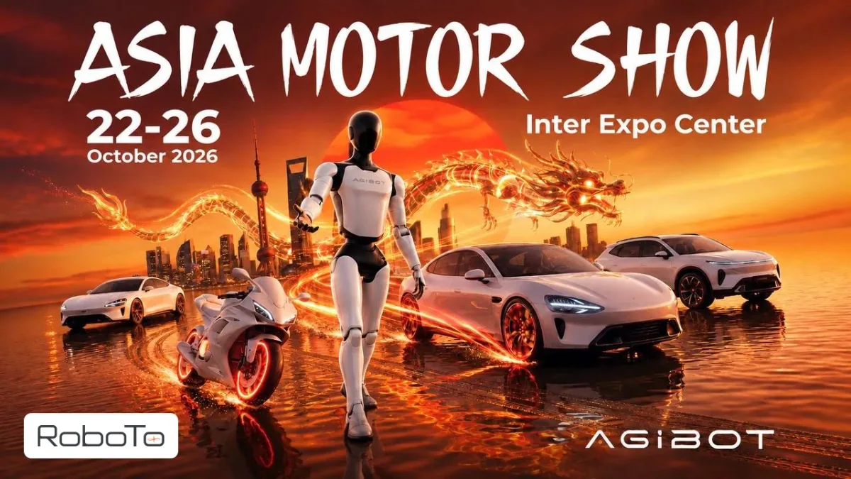 The Asia Motor Show 2026 poster: a white AGIBOT humanoid robot against a sunset and a fiery dragon, with the title Asia Motor Show and the dates 22 to 26 October 2026 at the Inter Expo Center above it.