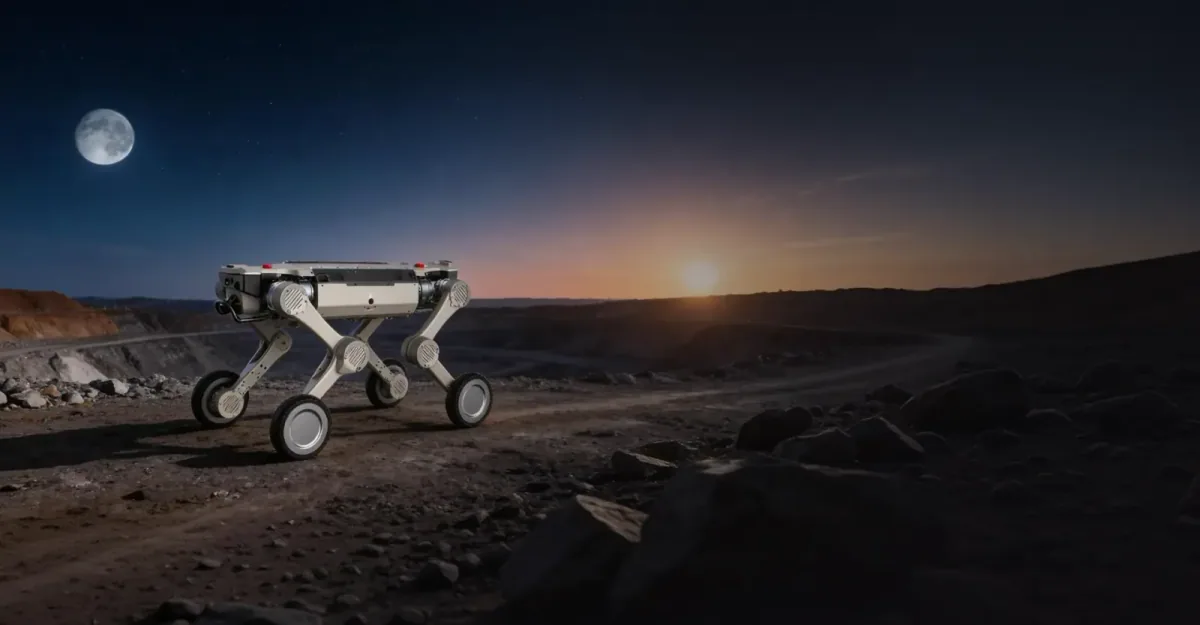 AGIBOT D1 Max dört ayaklı robotu, alacakaranlıkta kayalık bir sırtta.