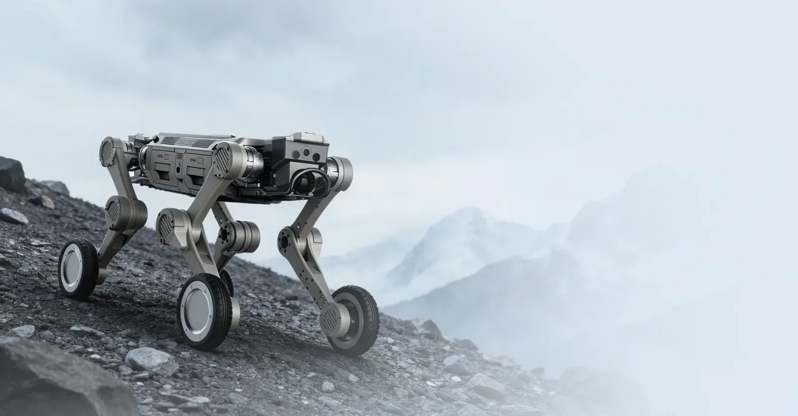 The AGIBOT D1 Max quadruped robot on a cold, misty mountain slope