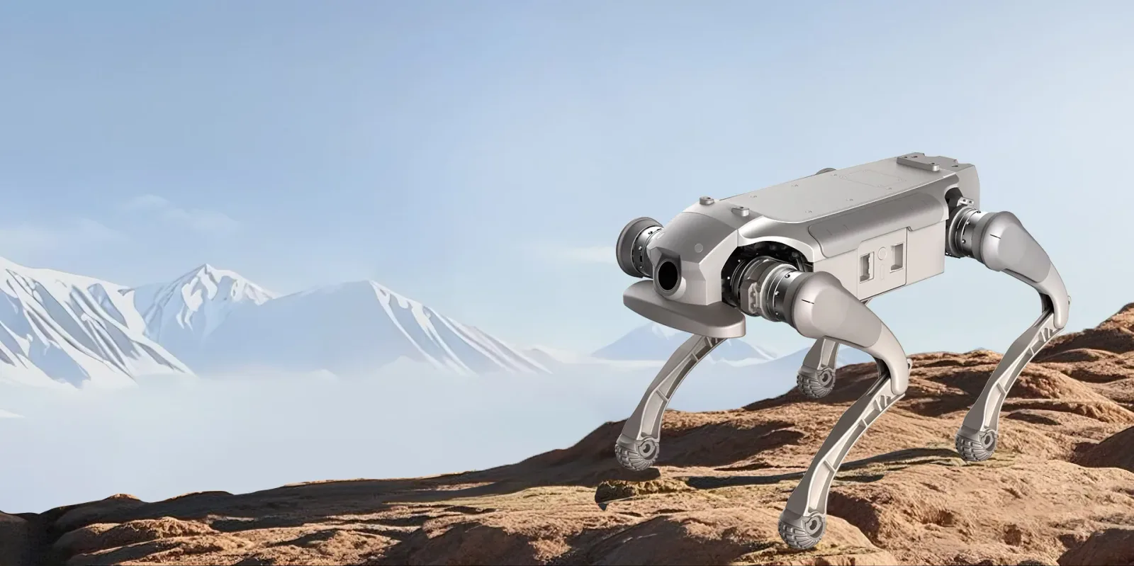 The AGIBOT D1 Ultra quadruped robot on rocky mountain terrain