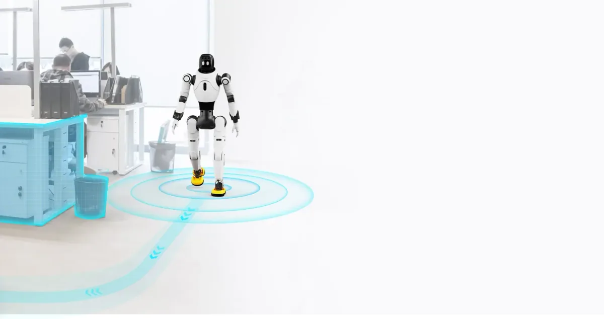 AGIBOT X2 insansı robotu, bir ofis ortamında bir kişinin yanında duruyor.