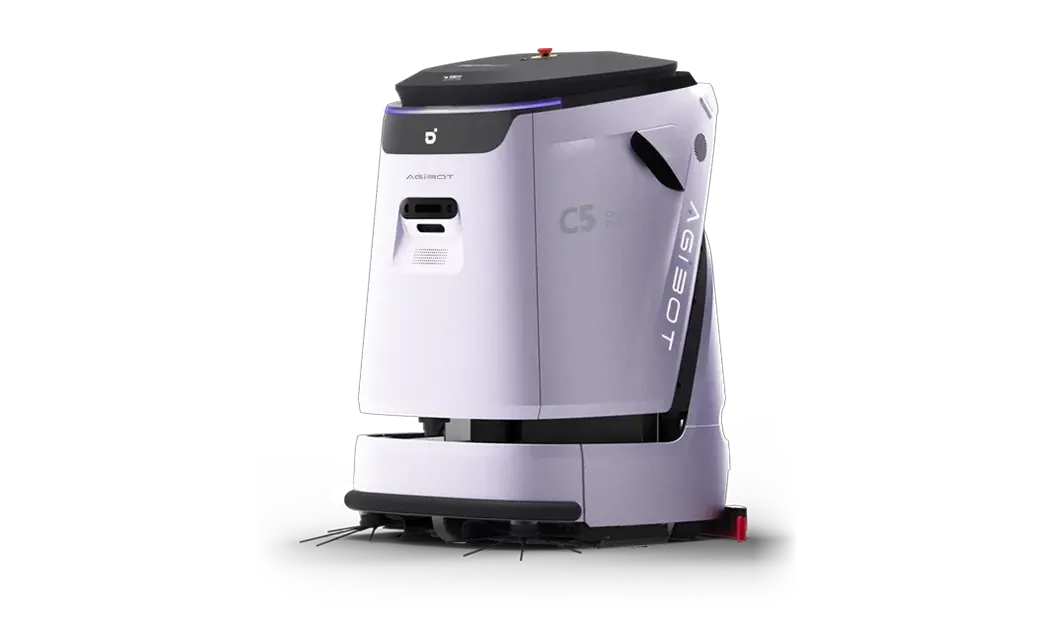 Komercijalni robot za čišćenje AGIBOT C5 na beloj pozadini, prikazan spreda iskosa.
