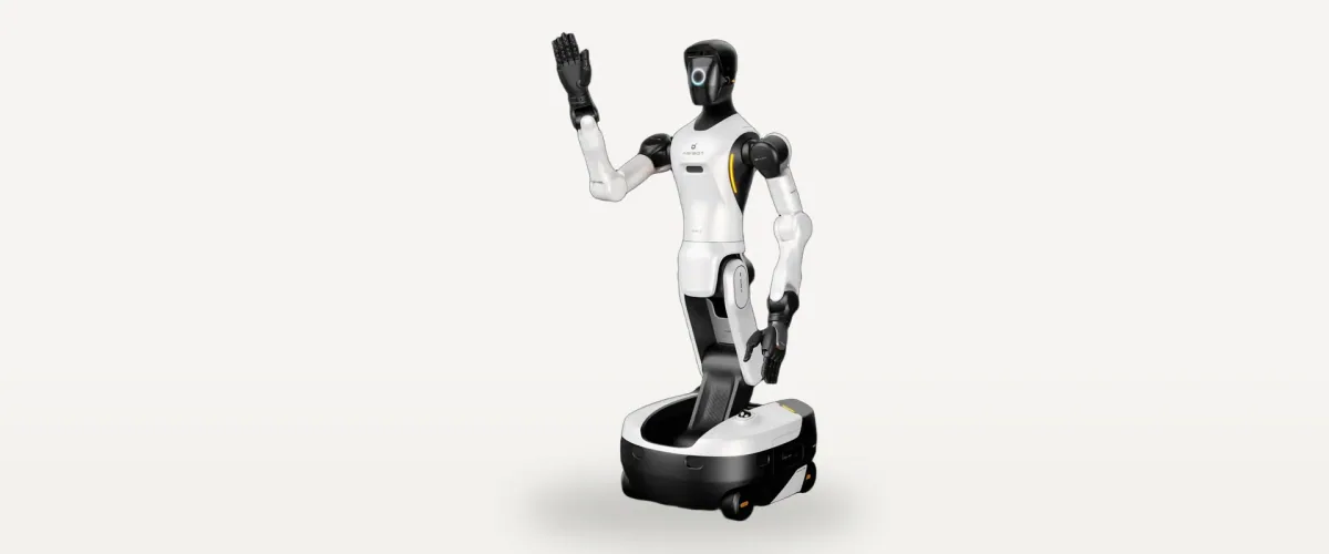 The AGIBOT G2 wheeled humanoid robot on a plain light background, one arm raised.