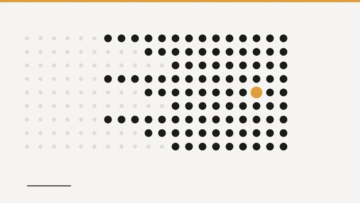 A drawing of a grid of dots on a pale ground, small and faint on the left and growing larger and darker towards the right, with one dot picked out in gold.