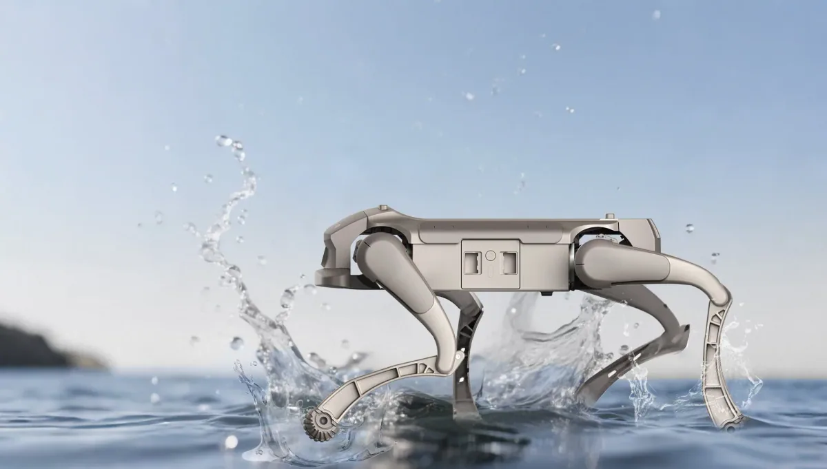 Sivi robotski pas korača kroz plitku vodu pod bledim nebom, a oko njegovih nogu prska voda.