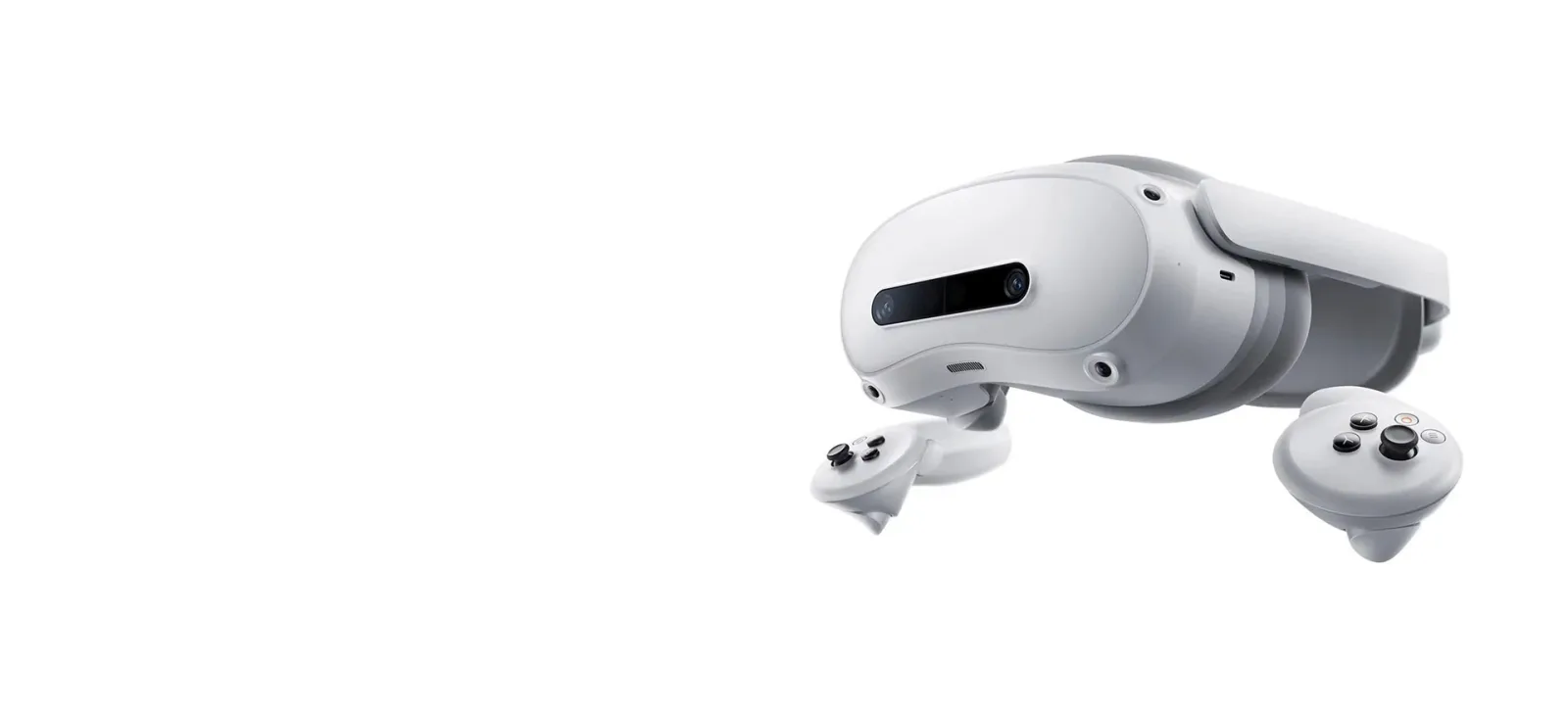 A teleoperation headset with hand controllers on a plain background