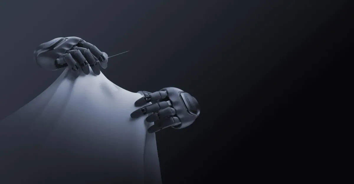 Koyu bir fon üzerinde iki yetenekli robot el, üsttekinin parmaklarında ince bir iğne