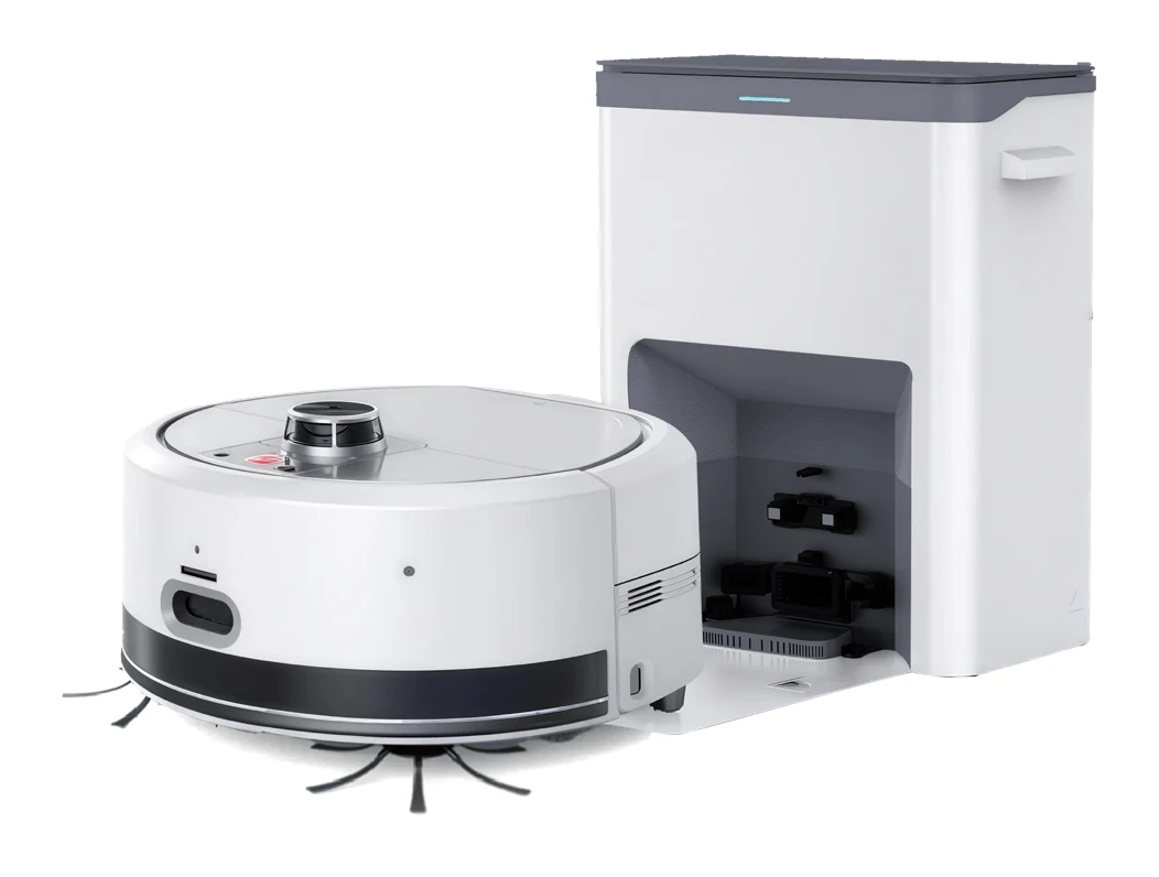 The AGIBOT C2 cleaning robot in front of its station: a low, round white robot with a sensor turret on top, and a tall white station with an open docking bay.