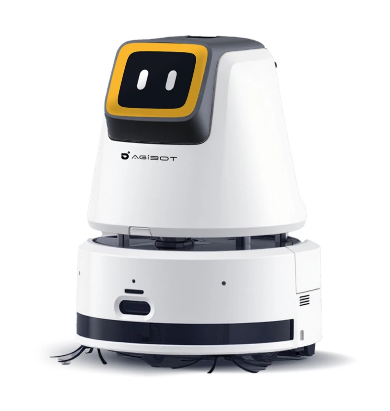 The AGIBOT C2P cleaning robot: a round white base with side brushes at floor level, and a taller white upper body carrying a yellow-framed black screen that shows two eyes.