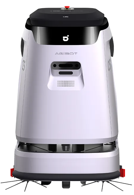 The AGIBOT C5 commercial cleaning robot, a tall white cylindrical machine on a low wheeled base, with a control panel set into the front of its body.