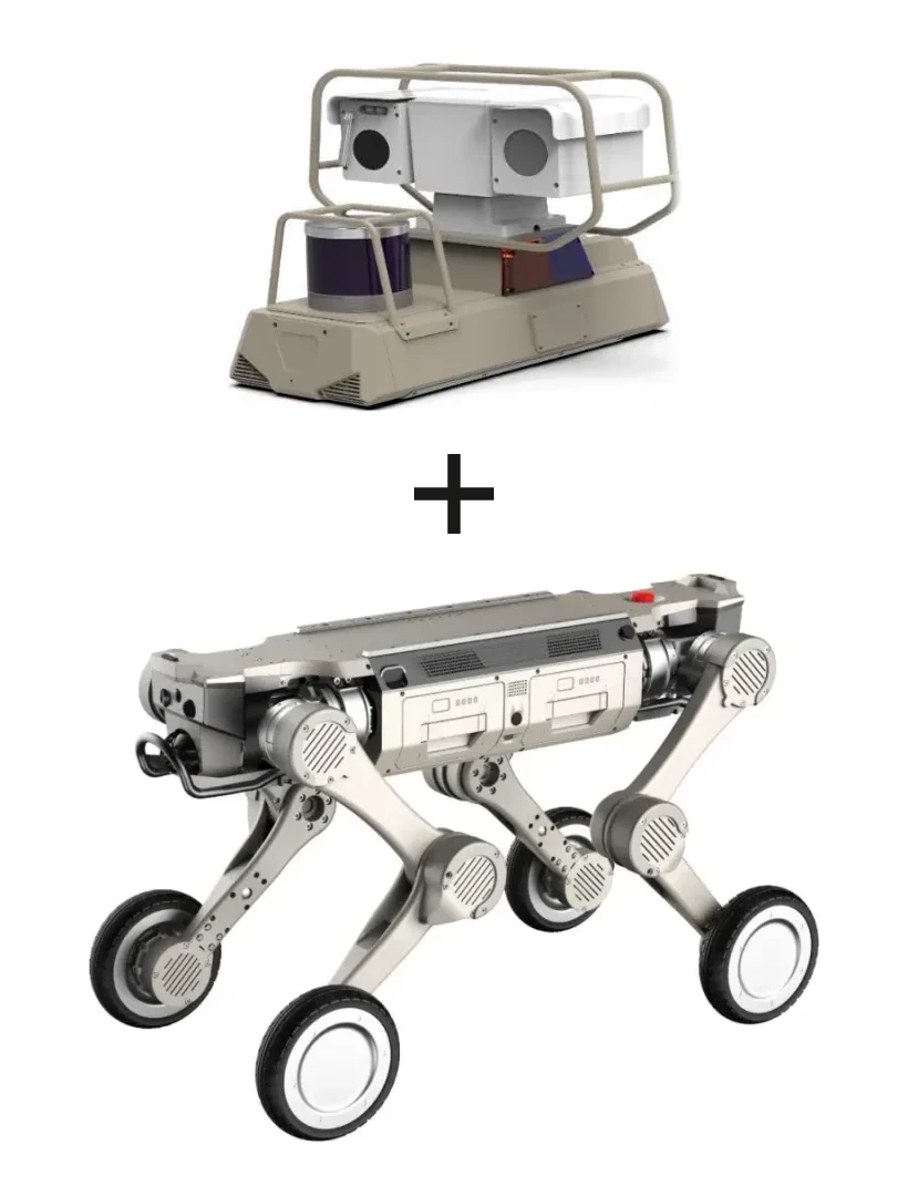 AGIBOT's patrol kit, a caged camera head on a low beige housing, shown above the wheel-legged D1 Max robot dog it mounts on, with a plus sign between the two.
