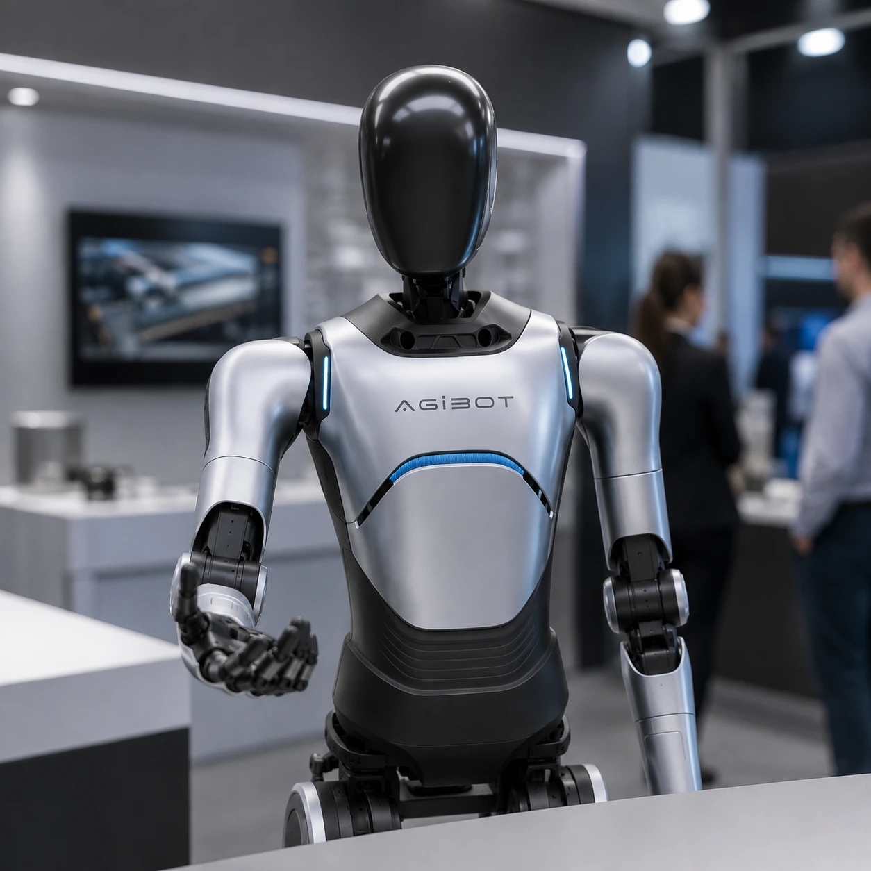 Bir sergi standında, tekerlekli bir tabandaki gümüş bir insansı robot, göğüsten kadraj dışında bırakılmış. Bir eli açık halde tezgâh yüksekliğinde öne uzatılmış. Arkasında bir ekran ve odak dışı ziyaretçiler var.