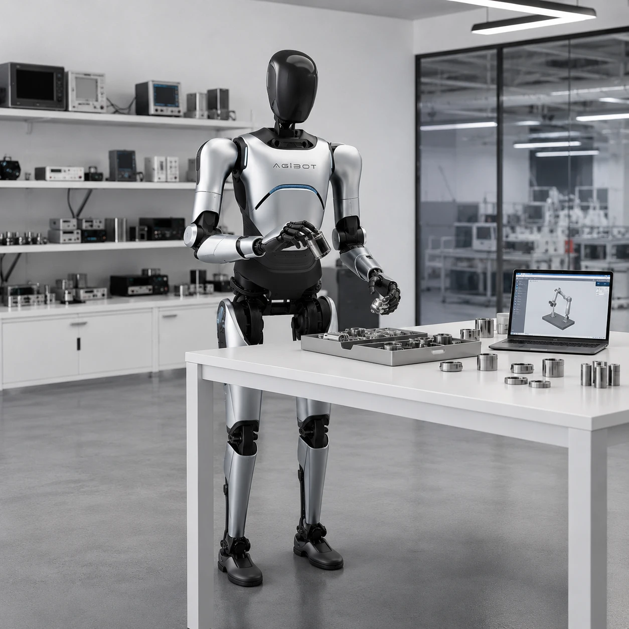 Aydınlık bir laboratuvarda, düz beyaz bir masa başında duran gümüş bir insansı robot, küçük silindirik bir parça tutuyor. Önünde işlenmiş parçalarla dolu bir tepsi, gevşek silindirik parçalar ve bir modelleme uygulamasında bir robot kolunun üç boyutlu modelini gösteren bir dizüstü bilgisayar var.