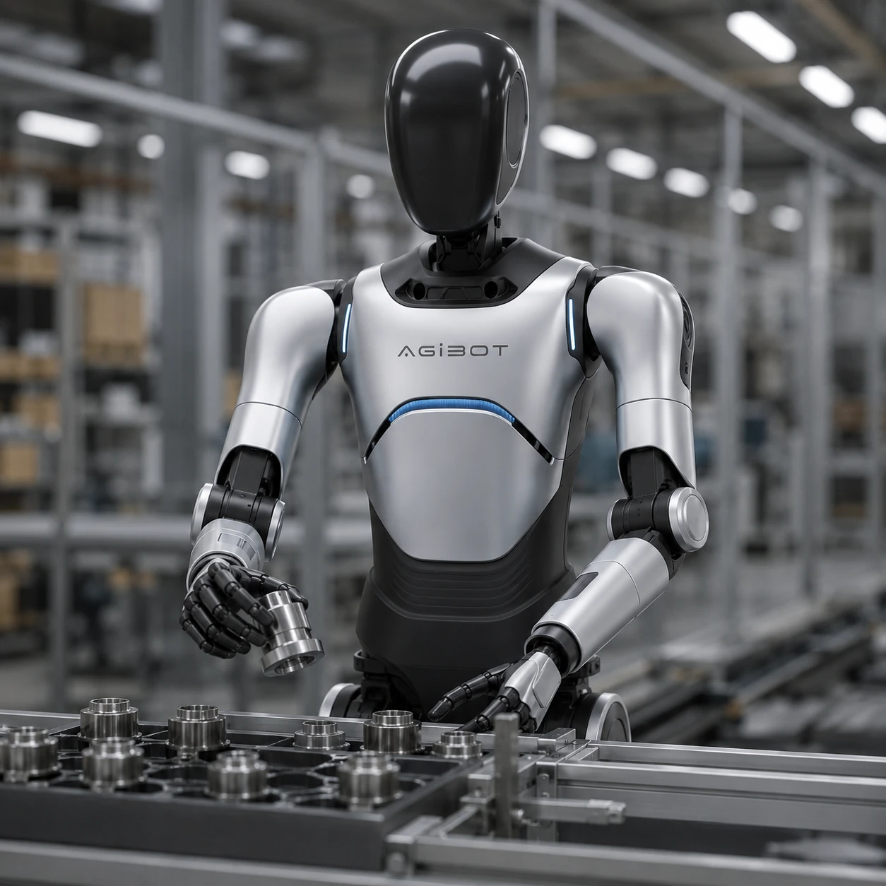 Bir fabrika zemininde, kalçadan aşağısı kadraj dışında bırakılmış gümüş bir insansı robot. Bir elinde küçük, işlenmiş silindirik bir parça tutarken diğer eliyle bir tespit tepsisindeki aynı parçalara uzanıyor. Arka planda odak dışı raflar ve üretim ekipmanı var.